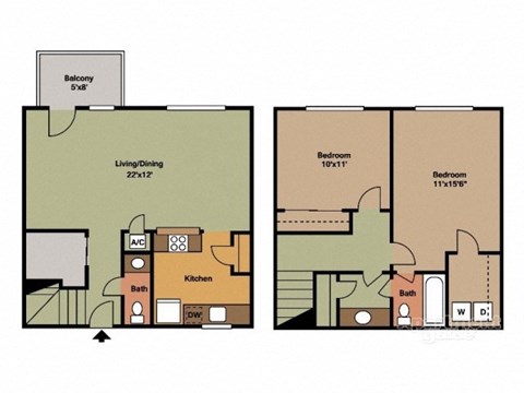 Floor plan for 2 beds, 1.5 baths, 1012 sqft